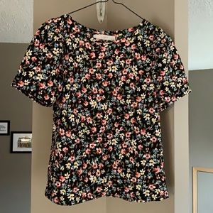 Loft Black Floral Puff Sleeve Blouse